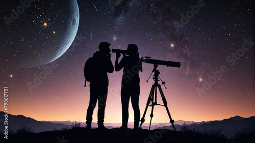 People observing the sky through a telescope. Dark night. Starry sky. Milky Way. Generative AI.