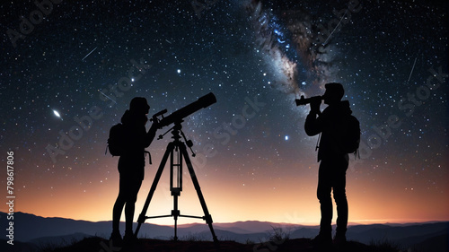 People observing the sky through a telescope. Dark night. Starry sky. Milky Way. Generative AI.