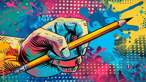 Colorful pop art hand holding pencil against paint splatter background