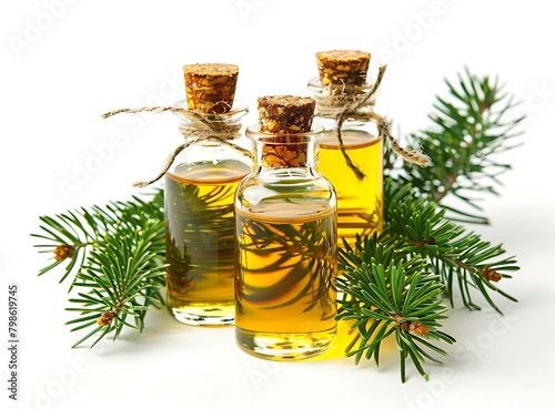 3 small glass bottles of cypress oil with a white background, and green pine leaves around the bottles