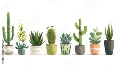 Collection of different cactus in pots isolated on white background ,Gardening concept, Succulent Plant with Thickened Fleshy Leaves Rested in Flowerpot Set, Decorative plants in colorful pots 