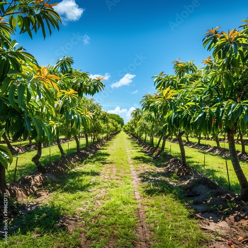 Wide-angle shot of a sunny mango farm, with rows of mango trees in full bloom, captured on a bright day with clear blue skies overhead.