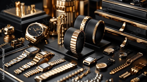 Elegant display of luxury gold accessories, including watches and jewelry, elegantly arranged on a sleek black background
