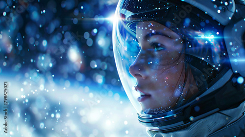 Casco de astronauta futurista, de la era espacial, con un hermoso rostro de astronauta femenino reflejado en la visera, 