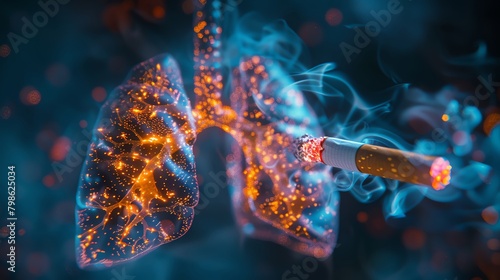 Illustrate the consequences of smoking in a unique way by blending a photorealistic x-ray image of lungs with a surreal pixel art depiction of a cigarette, creating a compelling visual narrative,