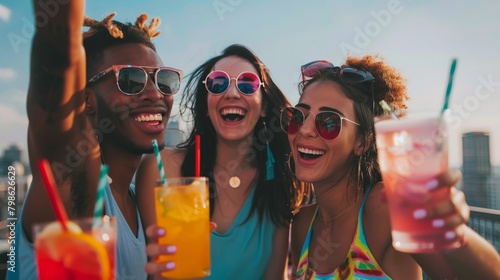 Friends cheering with colorful drinks at a rooftop party in the city