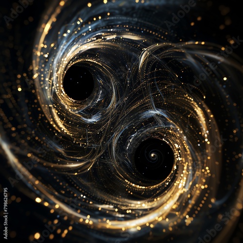 Simulation of black hole mergers in theoretical cosmology, displaying the gravitational waves emitted as two black holes spiral towards collision.