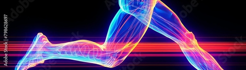 An illustration of a runner's legs in motion, with muscles, bones, and tendons highlighted.