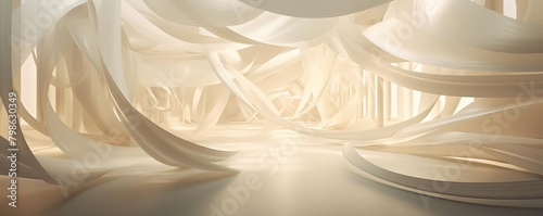 A large, white, futuristic room with a curved floor and walls made of smooth, flowing lines.