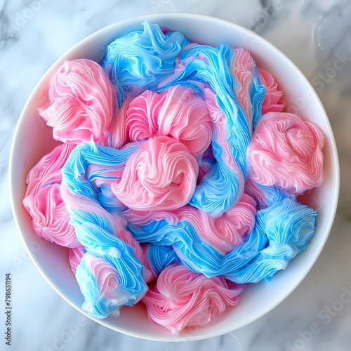 Overhead shot of a freshly spun bowl of fluffy cotton candy, showcasing vibrant pink and blue swirls, perfect for a sweet treat display.
