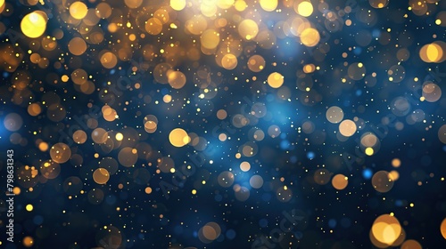 Dark blue and gold particle bokeh on navy blue background. Gold foil texture abstract background.