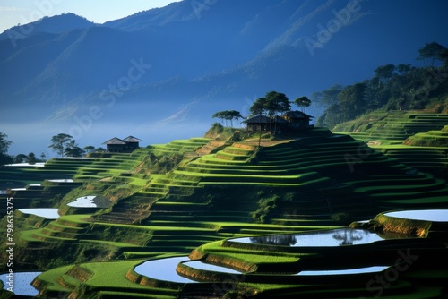 Stunning view of himalayan mountains at sunrise with rice fields and mountain river