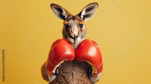  A kangaroo poses in red boxer gloves. mustard yellow background, copy space for text 