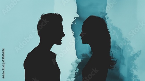 A silhouetted couple going in separate directions, going through marital strife, and about to get divorced or split up