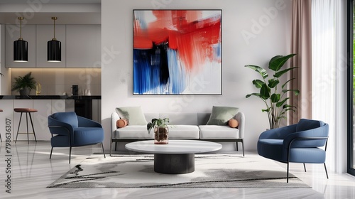 An open living room with white walls and blue furnishings is decorated with an abstract modernist painting. Verdant foliage accents, logical viewpoint