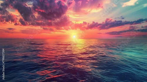 The sun sets beautifully over the ocean, creating a colorful sky as it dips below the horizon.