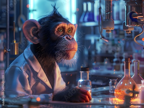  Curious Monkey in Lab Coat Fumbling with Laboratory Instruments