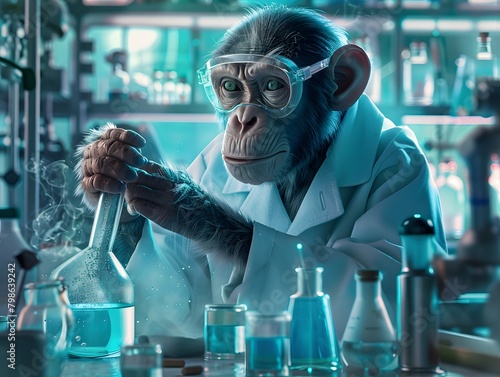  Curious Monkey in Lab Coat Fumbling with Laboratory Instruments