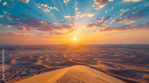 The sun sets over the vast desert sands, casting golden hues across the horizon in Dubai, United Arab Emirates.