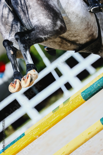 Gray horse hooves close-up when jumping over a barrier. Equestrian sport. Bottom view. Shooting from a lower angle