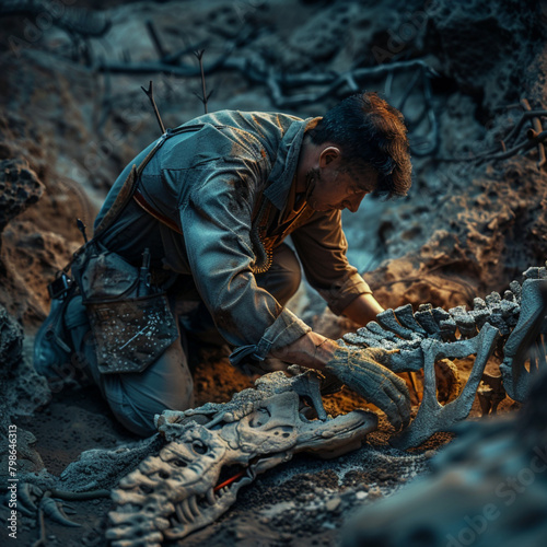 a paleontologist carefully excavating dinosaur fossils