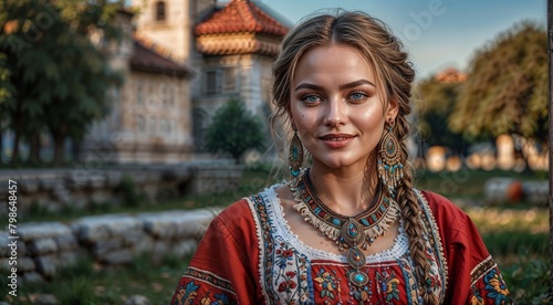 Portrait of a beautiful Ukrainian girl in embroidery on the background of mountains