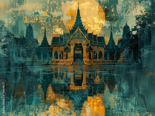 In the heart of mystical shadows, a wanderer interprets ancient symbols amidst Thai temples, revealing stories untold. POV captures the fusion of past and abstract visions., Navy blue, neon green, can