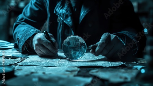 Noir-style image of a detective examining evidence at a dimly lit crime scene, magnifying glass in hand, focus on intricate details