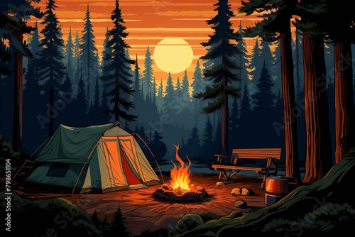 Vintagestyle illustration of a classic camping scene with a canvas tent, campfire, and retro camping gear under a canopy of pine trees