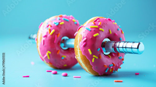 Exercise dumbbell made from glazed donuts. Concept of losing weight and doing sports