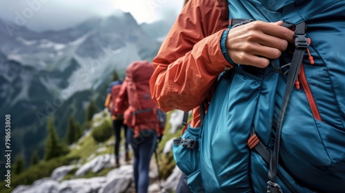 A bunch of backpackers are trekking up the majestic mountain, surrounded by the vast natural landscape, enjoying the sky, plants, and soil along the way. AIG41