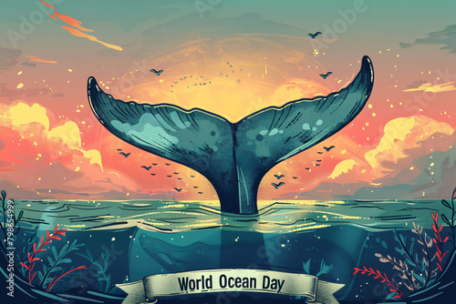 Whale Tail Sunset Illustration with World Ocean Day Banner. Vintage poster style with oceanic and sunset motifs. Marine life awareness and conservation design for World Ocean Day event promotion