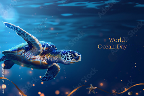 Sea turtle swims in the ocean. Dynamic wildlife photography. World Ocean Day concept for poster, banner, and conservation awareness