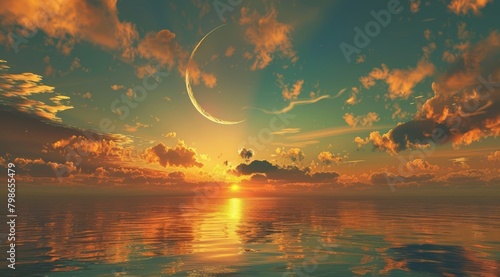  A large body of water beneath a cloudy sky with a crescent moon halfway hidden