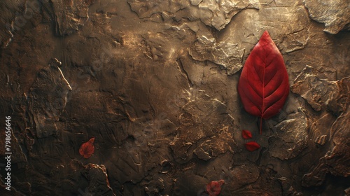  A red leaf, tightly focused, clings to a rock wall A red flower sits adjacent and visibly closer to the left side of the frame