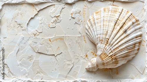  A tight shot of a seashell atop paper, revealing paint flakes peeling from its edge