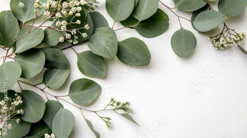  A pristine white backdrop showcases a vibrant array of green leaves and delicate white flowers Incorporate text or an image in this designated space