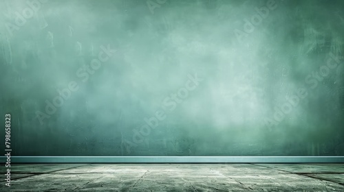  An empty room with a green wall, a wooden floor, and a blackboard on the wall If the grungy appearance refers to the floor, modify wooden floor to