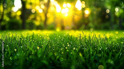  The sun illuminates the background of a grassy expanse, where trees allow its rays to filter through Dewdrops ornament the blades of grass below