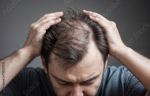 A man with hair fall health problem holding his hair to reveals bald head. Concept of aging fallen hair health breaking falling problem