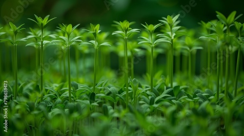 A tight shot of various plants with green stems in sharp focus, and a softly blurred background