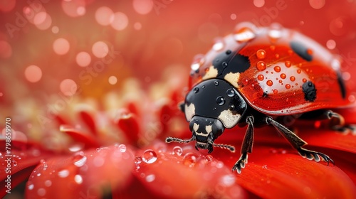  A ladybug perches on a red flower, its back legs dotted with water droplets