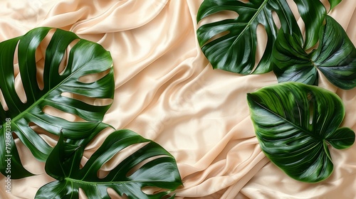  A group of large green leaves lies on a pink bedsheet against a white background
