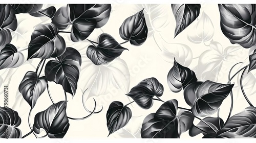 Seamless floral pattern, green leafed Philodendron plant, black and white with vines on white background, pastel vintage theme