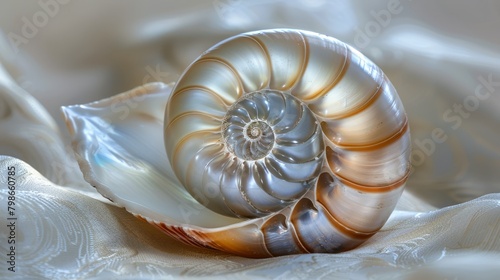  A narrow focus on a Nautilus shell against a pristine white silk backdrop, with a softly blurred depiction of its interior