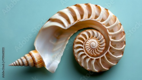  Close-up of a seashell against a blue backdrop, featuring a nautilus-shaped shell