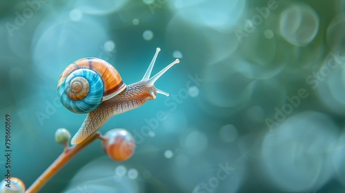  A tight shot of a snail perched atop a leafy plant, with dewdrops clinging to its hind end