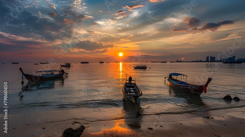 Tranquil Sunrise over Pattaya Beach with Fishermen Boats