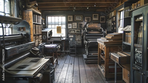 Vintage Print Shop with Old-Fashioned Printing Presses and Equipment