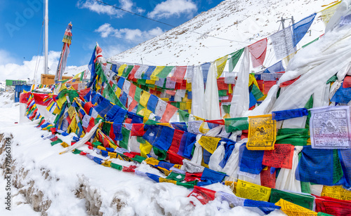 Prayer flags at the summit of Changla Pass at 17,586 feet in the Himalayan Mountains in northern India